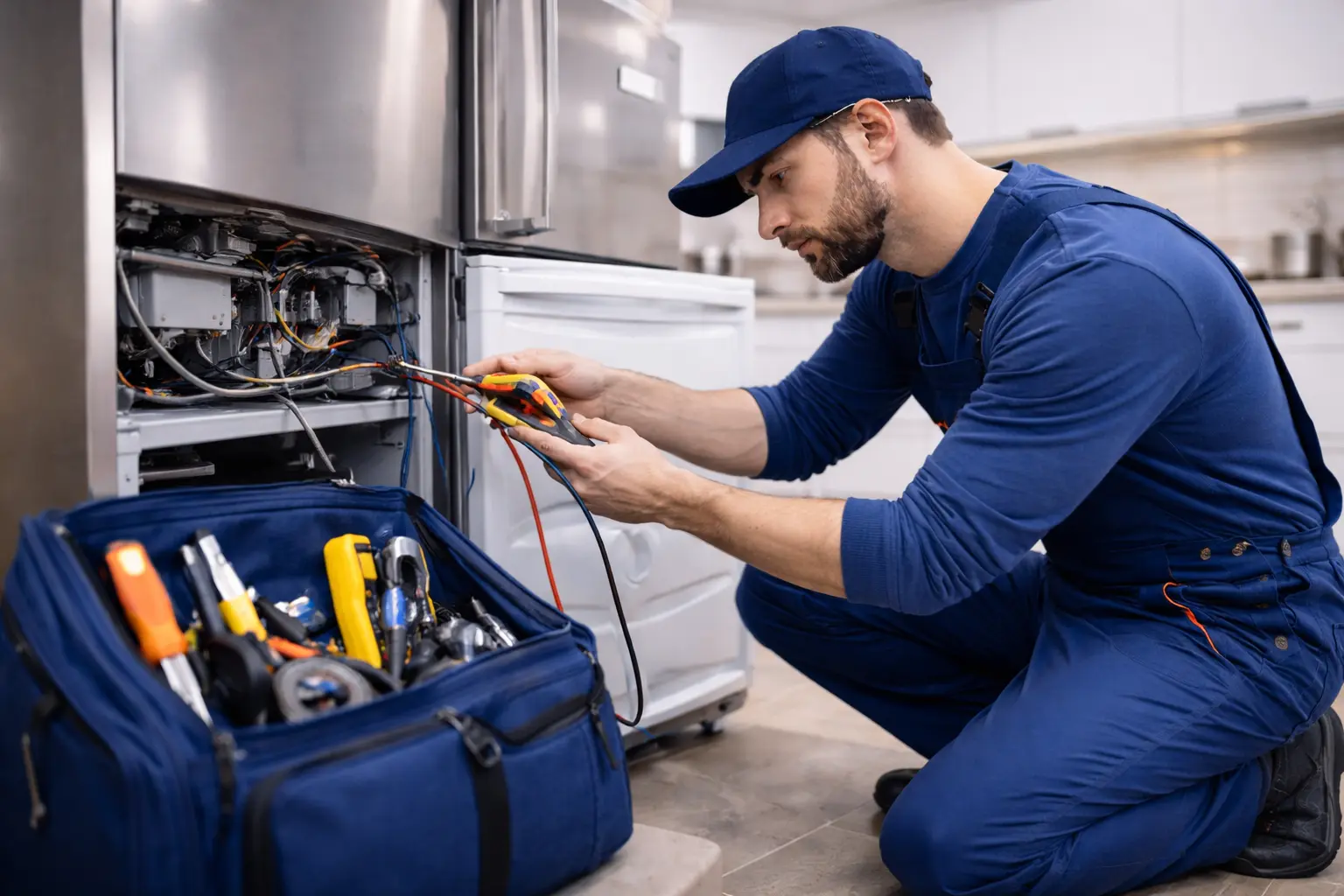 technician repairing refrigerator